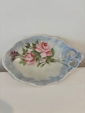Antique floral porcelain ceramic trinket dish tray B & C France blue w/pink rose